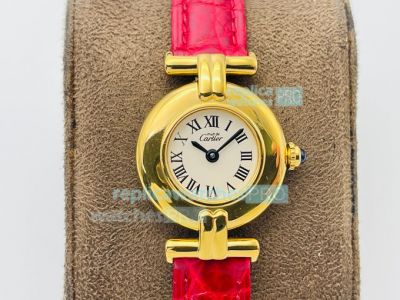 Swiss Must De Cartier Quartz Vintage Watch Gold Case White Dial Plum Red Leather